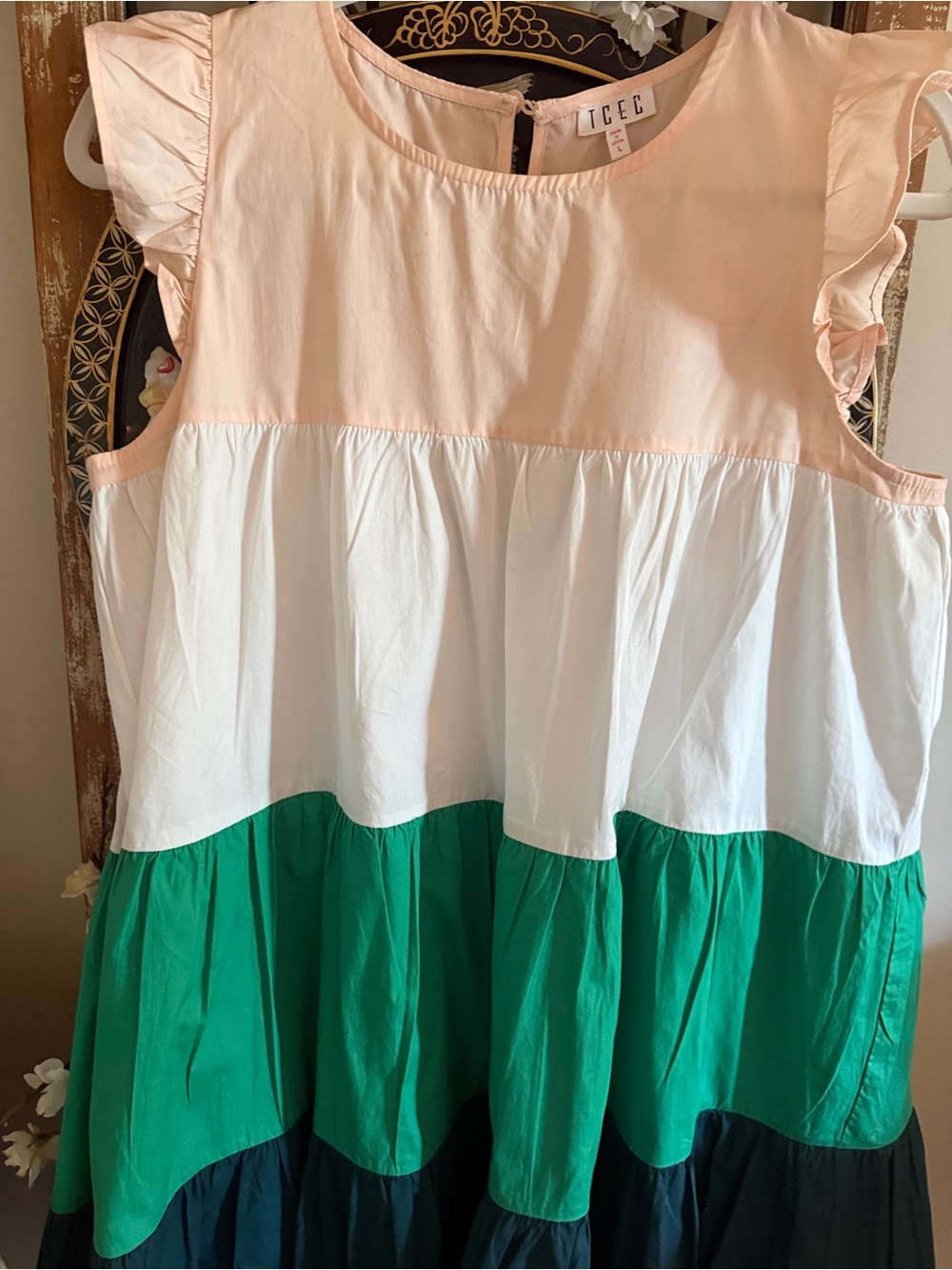 TCEC 100% Cotton Pink White Green Teal Colorblock Tiered Ruffle Sleeve Dress - Picture 3 of 9